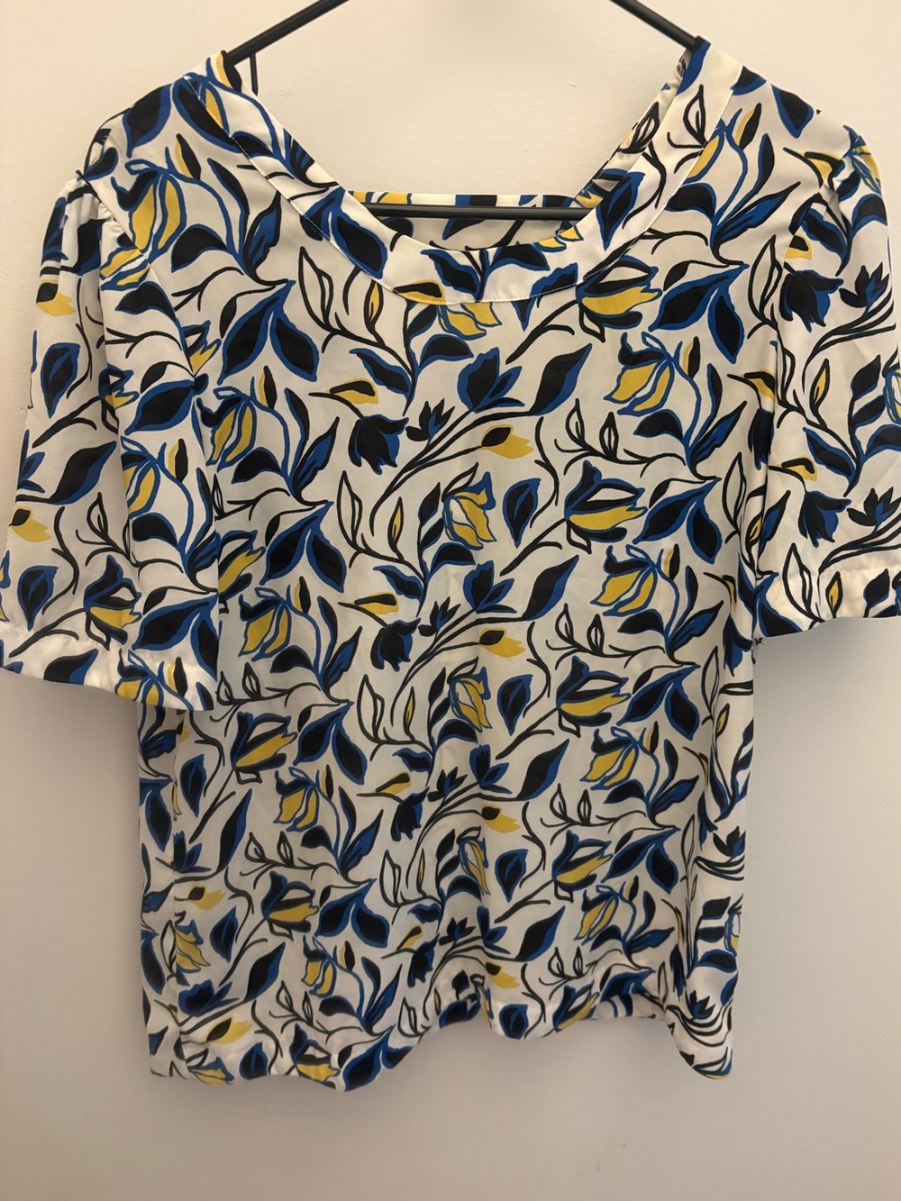 Halogen White Floral Top with Blue & Yellow Leaves